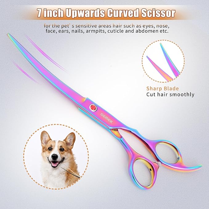 7.0in Titanium Rainbow Professional Pet Grooming Scissors Set, GEMEK 6 in 1 Straight & Thinning & Upwards Curved & Downwards Curved Scissors & Comb for Dogs, Cats (Rainbow)