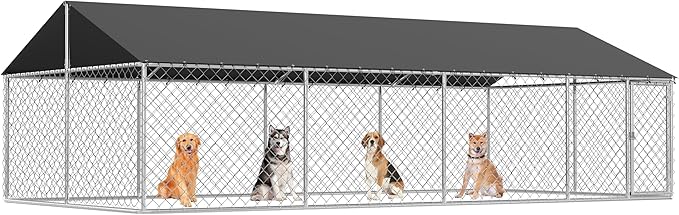 Outdoor Dog Enclosure Heavy Duty Dog Kennel House Mesh Dog Big Cage Pet Kennel Steel Fence with Secure Lock(19.68'*9.84')