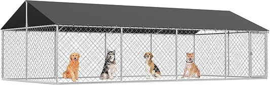 Outdoor Dog Enclosure Heavy Duty Dog Kennel House Mesh Dog Big Cage Pet Kennel Steel Fence with Secure Lock(19.68'*9.84')