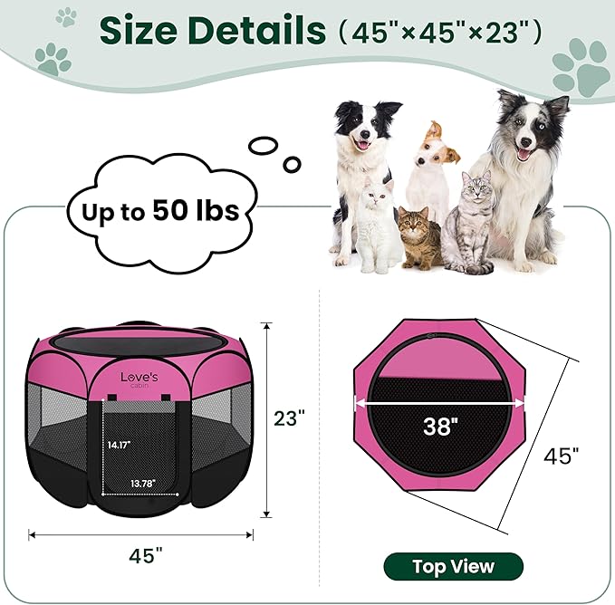 Love's cabin Pet Puppy Dog Playpen, Large Dog Tent Crates Cage Indoor/Outdoor, Portable Playpen for Cat, Foldable Pop Up Dog Kennel Playpen with Carring Case, Removable Zipper Top, Pink