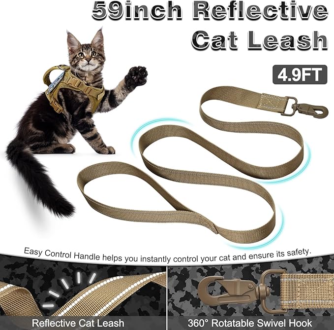 Tactical Cat Harness and Leash for Walking Esacpe Proof,Adjustable Soft Mesh Large Cat Vest with Rubber Handle Easy to Control,Molle Patches