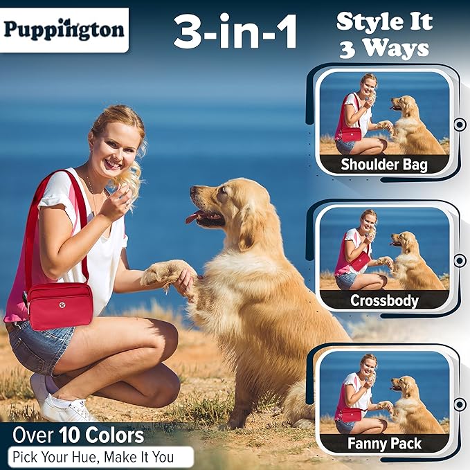 Puppington 3-in-1 Crossbody Dog Walking Bag & Treat Pouch with Matching Planet Safe Poop Bags & Built-In Dispenser - Dog Mom Gift for Puppy Training with Zippered Pockets (Ruby Red)