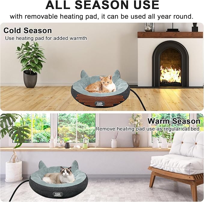 Heated Cat Bed for Small Size Cats, Soft & Cozy Donut Heated Pet Bed with Timer & Temp Adjustable Pet Heating Pad for Indoor Cat, Round Electric Cat Bed Heater Warmer., gray