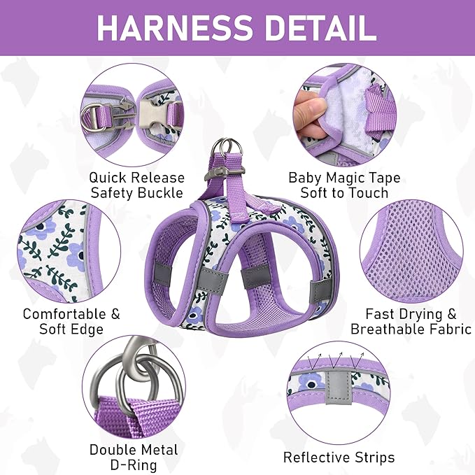 GAMUDA Small Dog Harness Collar and Leash Set, Step in No Chock No Pull Soft Mesh Adjustable Dog Vest Harnesses Plaid Reflective for Dogs Puppy Cats Kitten Rabbit (Purple Flower, L)