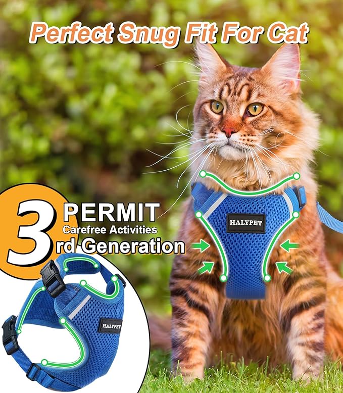 Halypet Cat Harness and Leash Set [ MAX Safety Third Generation ] Escape Proof Soft Adjustable Cat Leash Breathable Comfortable Vest Easy to Wear Kitten Harness for Outdoor Walking