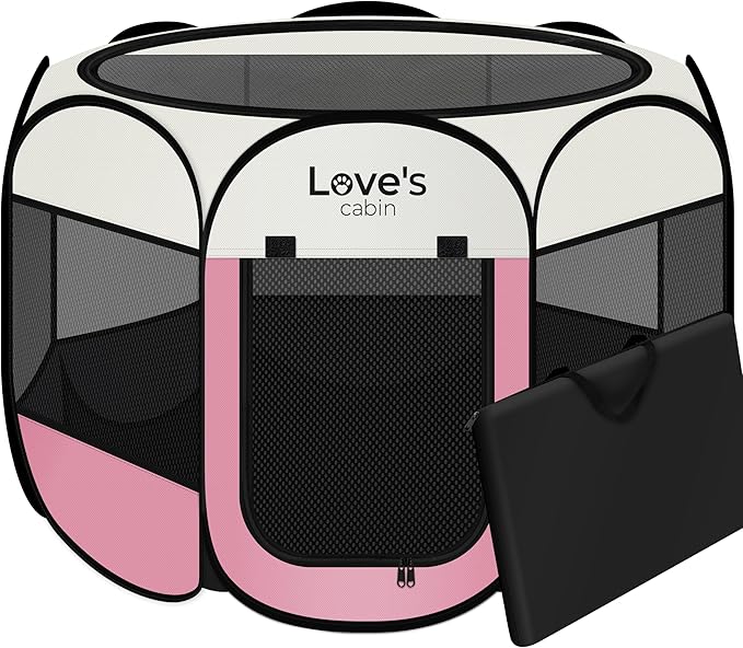 Love's cabin Pet Puppy Dog Playpen, Medium Dog Tent Crates Cage Indoor/Outdoor, Portable Playpen for Cat, Foldable Pop Up Dog Kennel Playpen with Carring Case, Removable Zipper Top, Pink