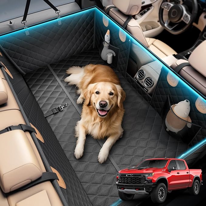 Wigoo Dog Truck Seat Cover for Back Seat, Dog Hammock with Hard Bottom Support (450lbs), Heavy Duty Waterproof Car Bed Extender for 2-4 Large Dogs, Backseat Protector for Truck/SUV, Black+Orange