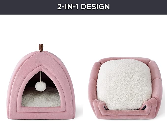 Bedsure Cat Beds for Indoor - 2 in 1 Cat Cave House Tent for Kittens and Small Pets with Removable Washable Cushioned Pillow, Foldable Kitten Hideaway with Non-Slip Bottom, Pink, 16 inches