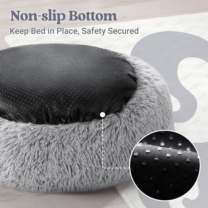 rabbitgoo Cat Beds for Indoor Cats, 20 inches Cat Bed Machine Washable, Fluffy Round Pet Bed Non-Slip, Calming Soft Plush Donut Cuddler Cushion Self Warming for Small Dogs Kittens, Light Grey, Medium
