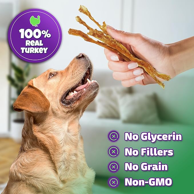Turkey Tendons for Dogs Made in USA with 100% Turkey and No Glycerin, Healthy Jerky Dog Treats for Medium and Small Dogs, Human Grade Natural Chews, 6 oz Bag