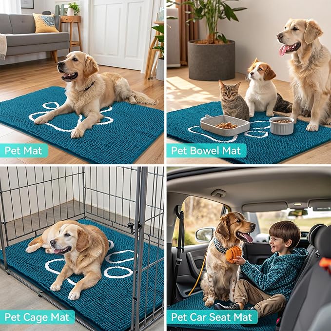 Smiry Dog Door Mat for Muddy Paws, Absorbent Dirt Trapper Non Slip Quick Dry Washable Chenille Mat for Mud Dogs, Entry Rug for Indoor and Outdoor (36x24 Inches, Atlantic Blue)