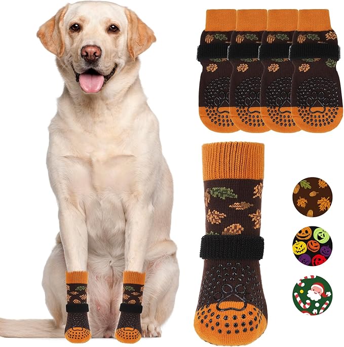 KOOLTAIL Thanksgiving Anti Slip Dog Socks for Hot/Cold Pavement to Prevent Licking Paws, Fall Dog Boots&Paw Protector with Grippers for Hardwood Floors, Traction Booties for Small Medium Large Dogs, L