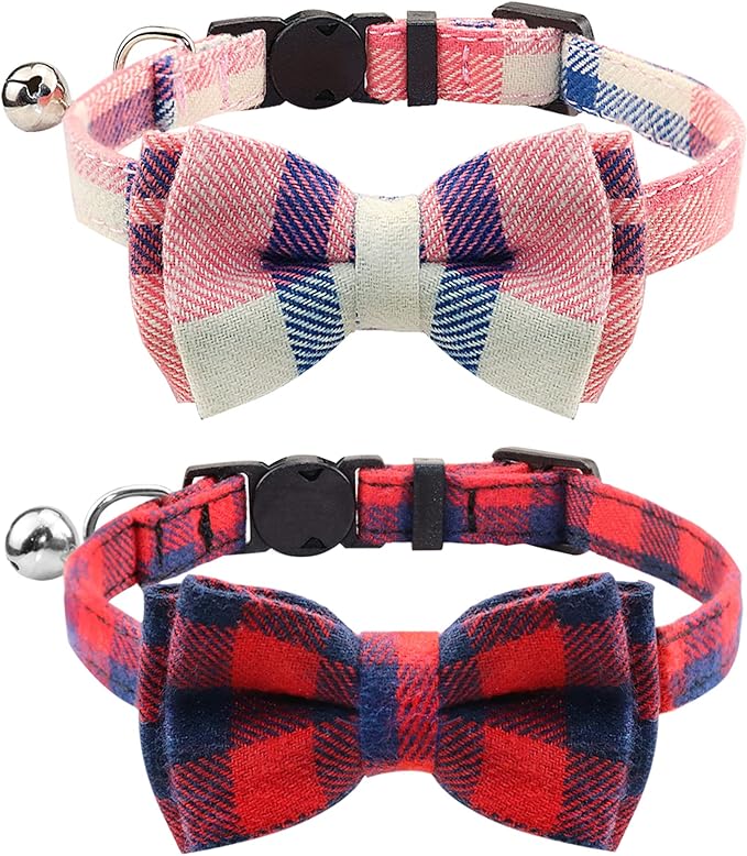 Joytale Upgraded Cat Collar with Bells, Breakaway Cat Collars with Bow Tie, 2 Pack Girl Boy Safety Plaid Kitten Collars, Pink+Red