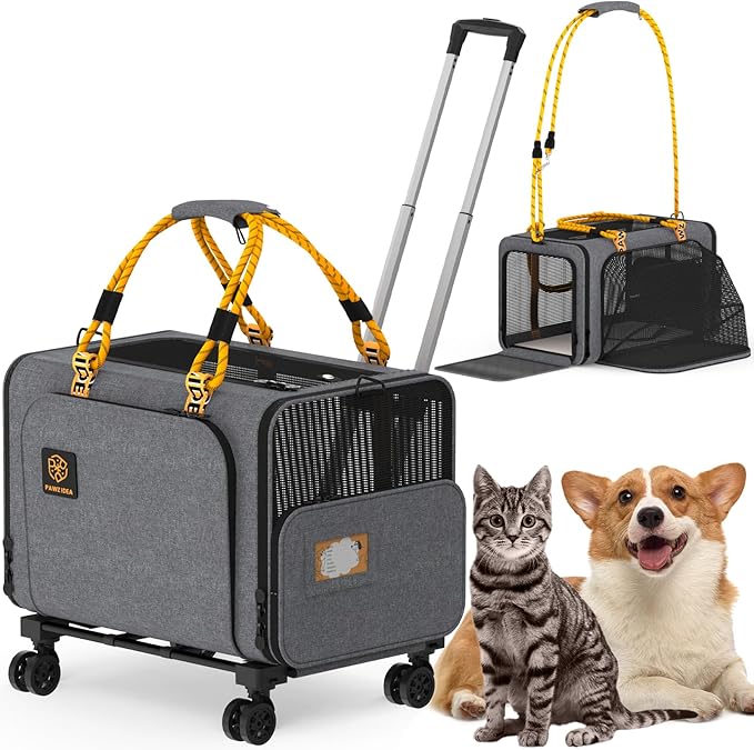 PAWZIDEA Expandable Large Pet Carrier with Wheels, 24x16x16 in Rolling Cat Carrier for 2–4 Cats up 55lb, Soft-Sided Collapsible Small Medium Dog Crate for Car Travel, Telescopic Handle, Storage Pocket