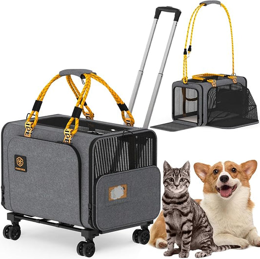 PAWZIDEA Expandable Large Pet Carrier with Wheels, 24x16x16 in Rolling Cat Carrier for 2–4 Cats up 55lb, Soft-Sided Collapsible Small Medium Dog Crate for Car Travel, Telescopic Handle, Storage Pocket