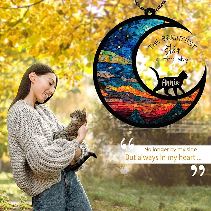 Cat Memorial Suncatcher Personalized Name Pet Ornament Window Car Hanging Sympathy Gift for Loss of Pet Bereavement Keepsake Remembrance Gifts for Cat Lovers Outdoor Decor