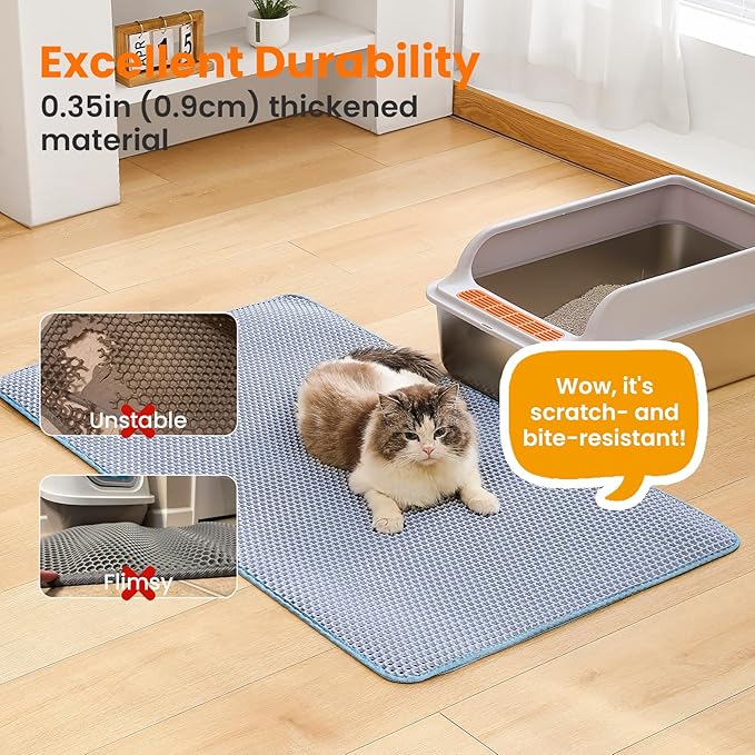 Jumbo Cat Litter Mat, 46x26 Inches Double Layer Honeycomb Litter Trapping Mat, Non Slip Waterproof Urine Proof Extra Large Cat Litter Box Mat, Kitten Supplies and Essentials, XXL, Blue