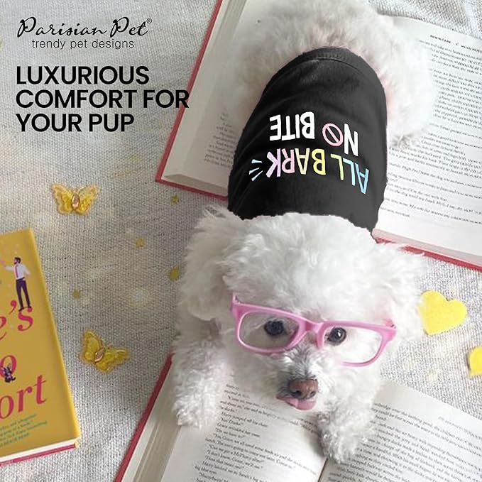 Parisian Pet Dog T-Shirt - Embroidered ' All Bark No Bite ' 100% Cotton, Dog Clothes - Sleeveless Pet Vest - Machine Washable Dog Shirts for Small Dogs S