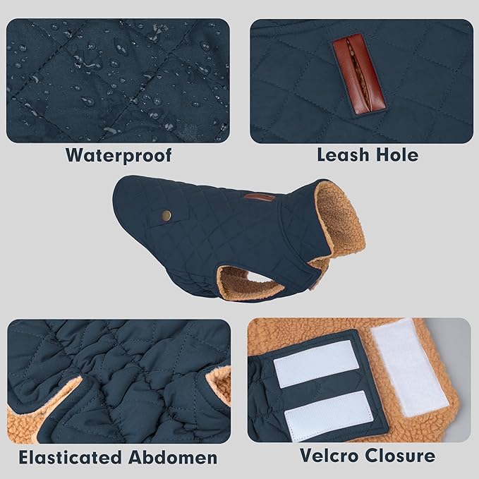 azuza Dog Jacket Waterproof & Windproof Dog Coat for Small Dogs with Thick Fleece, High Collar with Leash Hole, Adjustable Velcro & Elastic Belly, Navy M