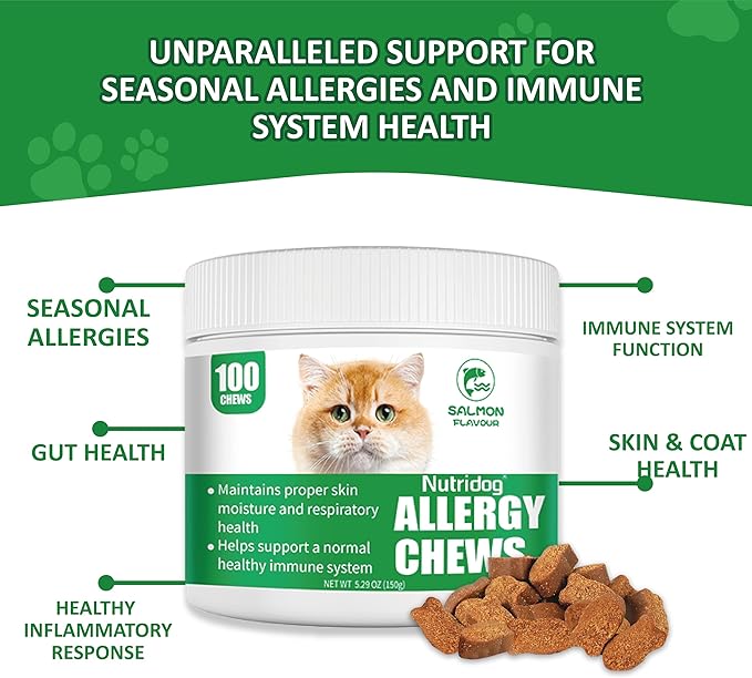 Cat Allergy Relief Chews, Skin & Immune Support for Cats - Salmon Flavor Soft Chews with Colostrum, Probiotics 300M CFU, Omega 3 - Itchy Skin & Paw Licking Remedy, 100 Count