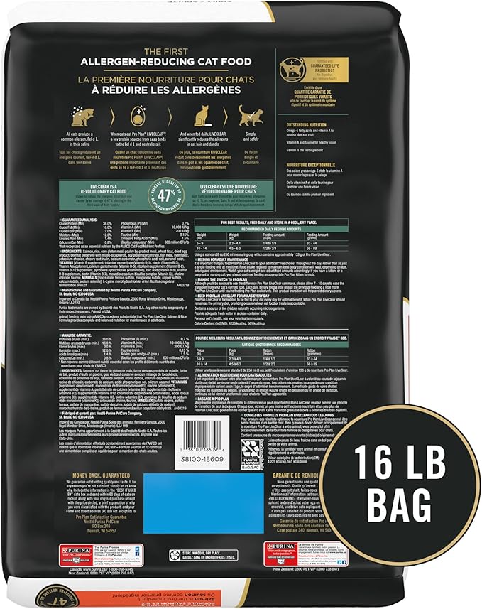 Purina Pro Plan Allergen Reducing, High Protein Cat Food, LIVECLEAR Salmon and Rice Formula - 16 lb. Bag
