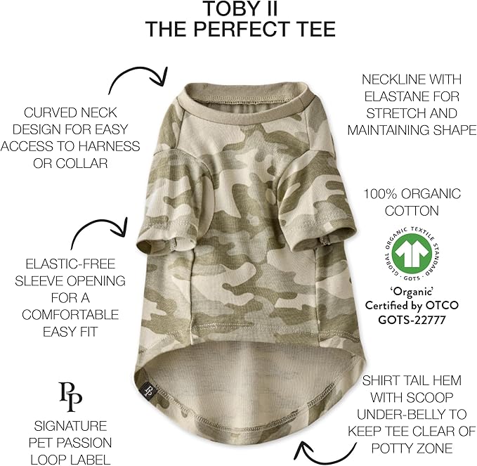 Toby II - The Perfect Tee, 3 Pack Short Sleeve Pet T-Shirt 100% Organic Cotton Tees Clothes for Small, Medium, Large Dogs, Sage Camo, X-Large