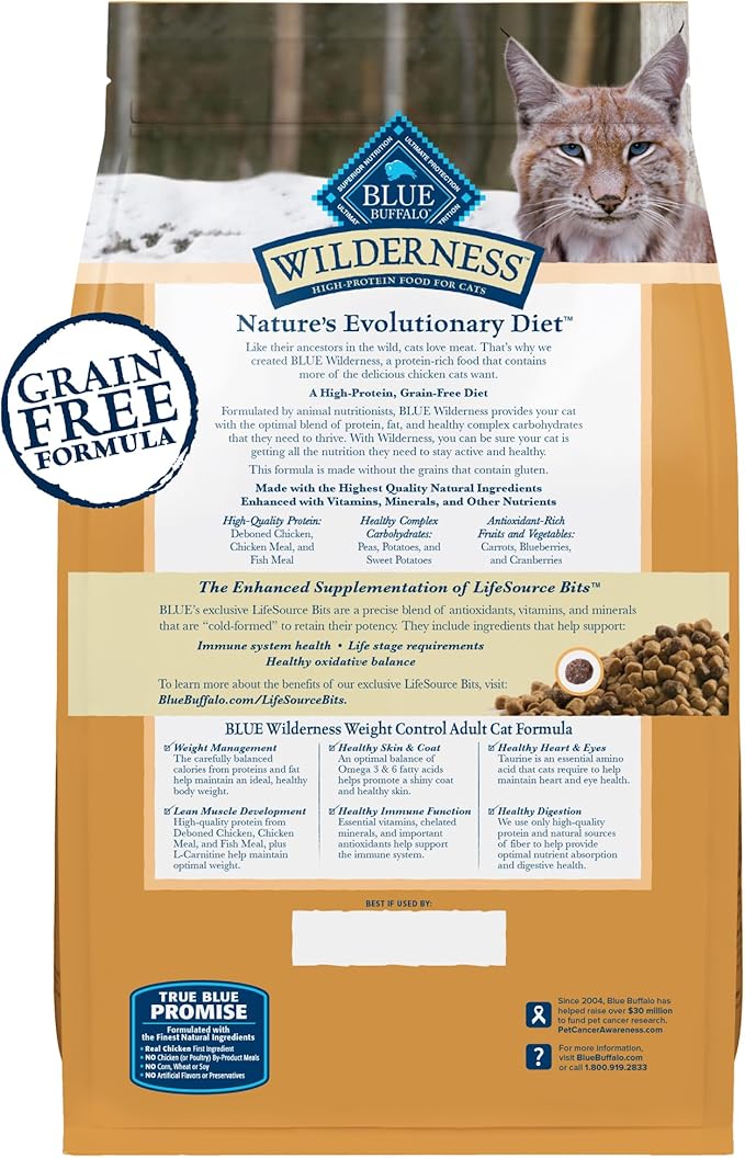 Blue Buffalo Wilderness Natural Adult Weight Management Dry Cat Food, High-Protein & Grain-Free Weight Control Formula, Chicken, 5-lb Bag
