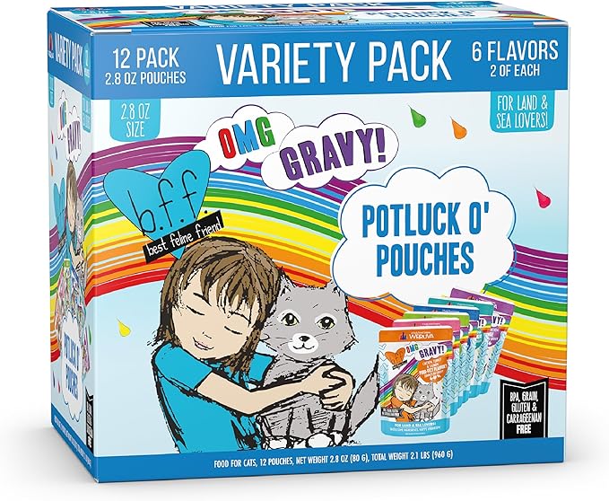 Weruva B.F.F. OMG - Best Feline Friend Oh My Gravy!, Variety Pack, Potluck O' Pouches, Wet Cat Food, 2.8Oz Pouches (Pack of 12)