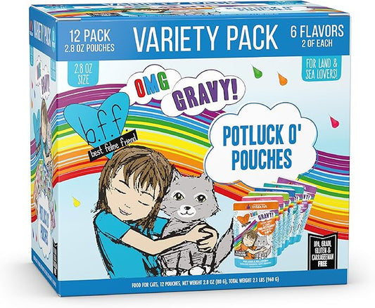 Weruva B.F.F. OMG - Best Feline Friend Oh My Gravy!, Variety Pack, Potluck O' Pouches, Wet Cat Food, 2.8Oz Pouches (Pack of 12)