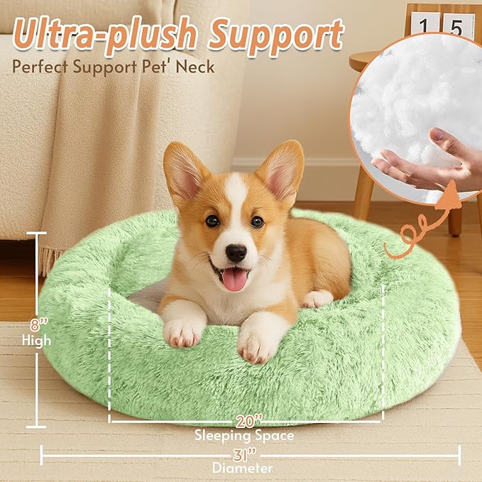 JOLLYVOGUE Medium Calming Dog Bed, Anti-Anxiety Donut Cuddler Cat Bed with Anti-Slip Bottom, Fluffy Faux Fur Machine Washable Pet Cushion for Medium Large Dog & Cat (31")