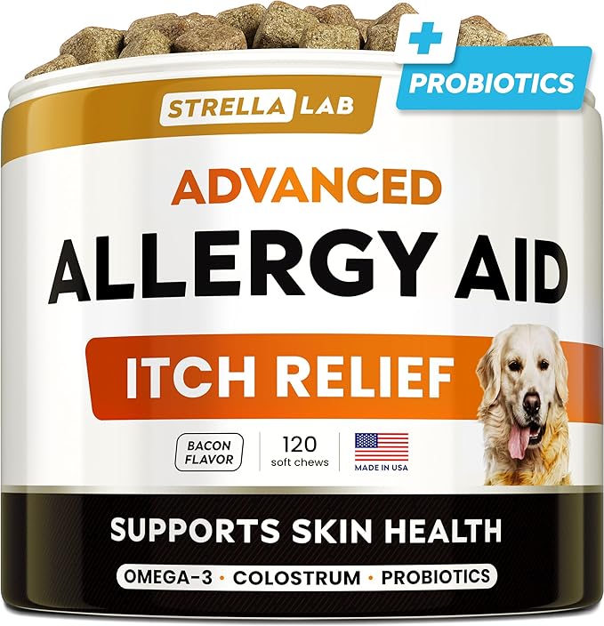 StrellaLab Dog Allergy Relief & Anti Itch Support Chews w/Omega 3: Real Ingredients, Real Taste! Skin & Coat Immune Supplement w/Fish Oil, Pumpkin & Enzymes — Developed by Experts - Made in USA -120Ct