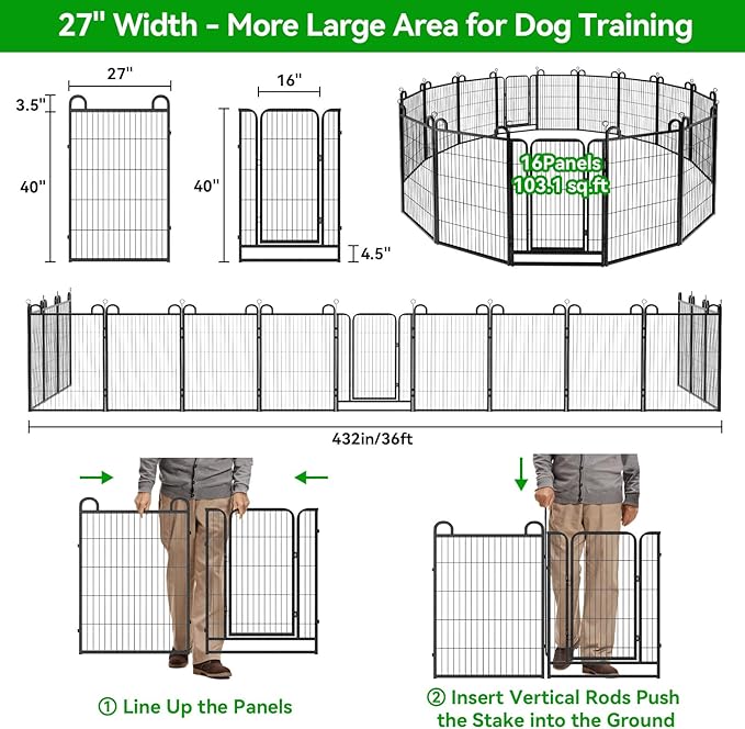 Dog Playpen Outdoor 16 Piece Panels Heavy Duty Dog Fence 40" Height Anti-Rust with Doors Portable for RV Camping Yard, Total 36FT, 102 Sq.ft, Snowy Black