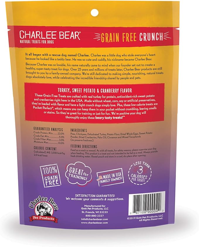 Charlee Bear Grain Free Crunch Dog Treats, Turkey, Sweet Potato & Cranberry Flavor, 8 oz (Pack of 2)