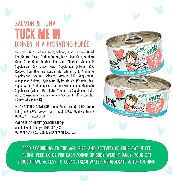 Weruva B.F.F. Play - Best Feline Friend Paté Lovers, Aw Yeah!, Salmon & Tuna Tuck Me in with Salmon & Tuna, 5.5oz Can (Pack of 8)