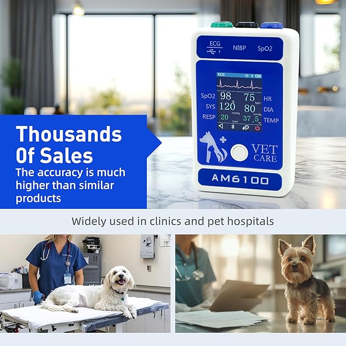 Handheld Veterinary Pulse Oximeter,Rechargeable Dog Blood Pressure Monitor, 6 Parameters Animal Patient Mnitoring Equipment with 2.4" Display and Bluetooth for Pets Cat Home Clinic Use