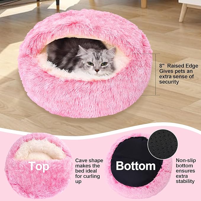 Calming Dog Beds with Hooded Cat Cave Cover - Removable, Washable Round Beds for Small to Medium Pets, Anti-Slip Faux Fur Fluffy Cover for Improved Sleep - Fits up to 15/25 lbs (Pink, M)