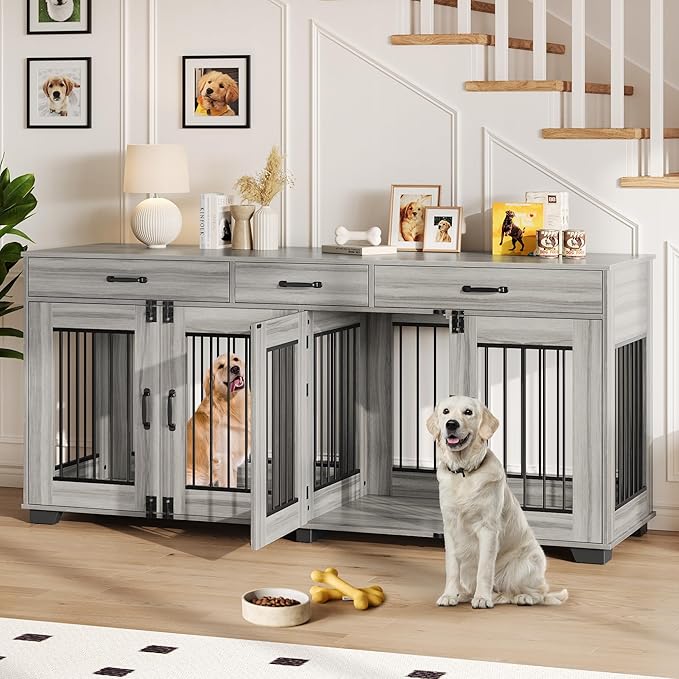 GarveeLife 71 in Dog Crate Furniture for 2 Rooms, Wooden Double Crate Large Breed with Door, Dog Kennel Indoor, TV Stand End Table with Divider for Large Medium Dogs,Grey