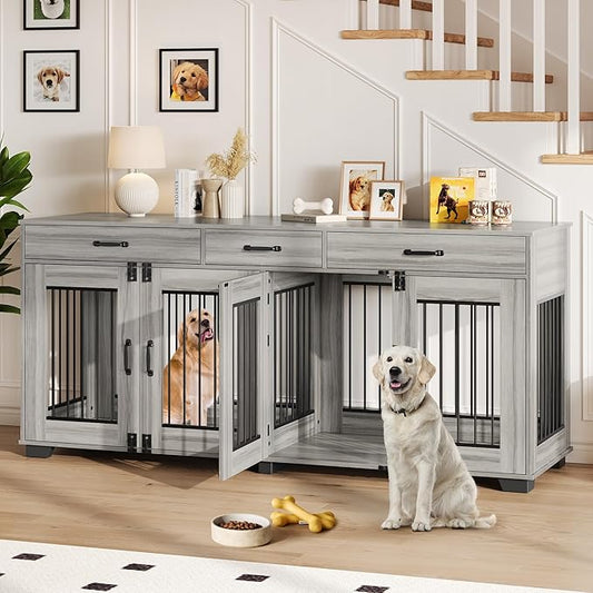 GarveeLife 71 in Dog Crate Furniture for 2 Rooms, Wooden Double Crate Large Breed with Door, Dog Kennel Indoor, TV Stand End Table with Divider for Large Medium Dogs,Grey