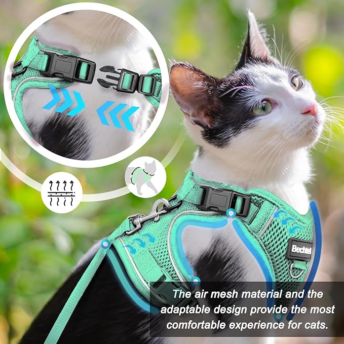 Cat Harness and Leash for Walking, The Upgrade Can be Adjusted in Four Directions and Breathable Cat Harness for Anti Escape That can be Fitted and Positioned, Reflective Strips Harness, Green,XS
