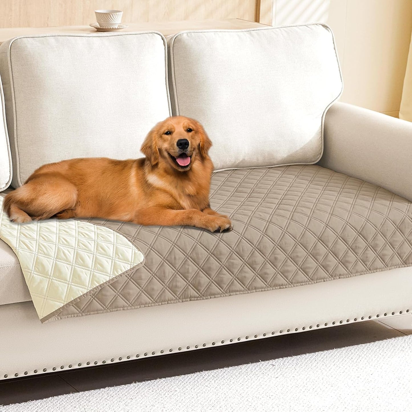 Smiry Waterproof Dog Bed Cover Pet Blanket, Soft Washable Dog Blanket for Furniture Bed Couch Sofa Reversible, Checkered (40"x90", Taupe/Beige)