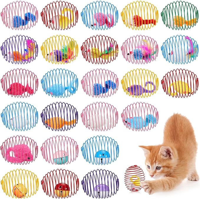 Jecery 5 Pcs Halloween Cat Spring Balls Toys Stretchable Rolling Balls Colorful Playful Coils Interactive Spring Action Toy Caged Rats for Kitten Cat Pet Supplies(Mouse and Bell,Colorful,25 Pcs)