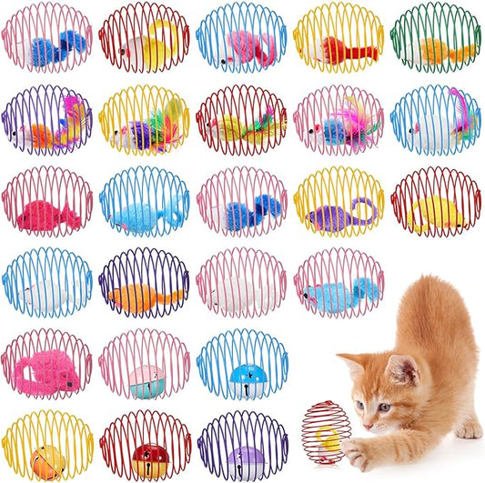 Jecery 5 Pcs Halloween Cat Spring Balls Toys Stretchable Rolling Balls Colorful Playful Coils Interactive Spring Action Toy Caged Rats for Kitten Cat Pet Supplies(Mouse and Bell,Colorful,25 Pcs)