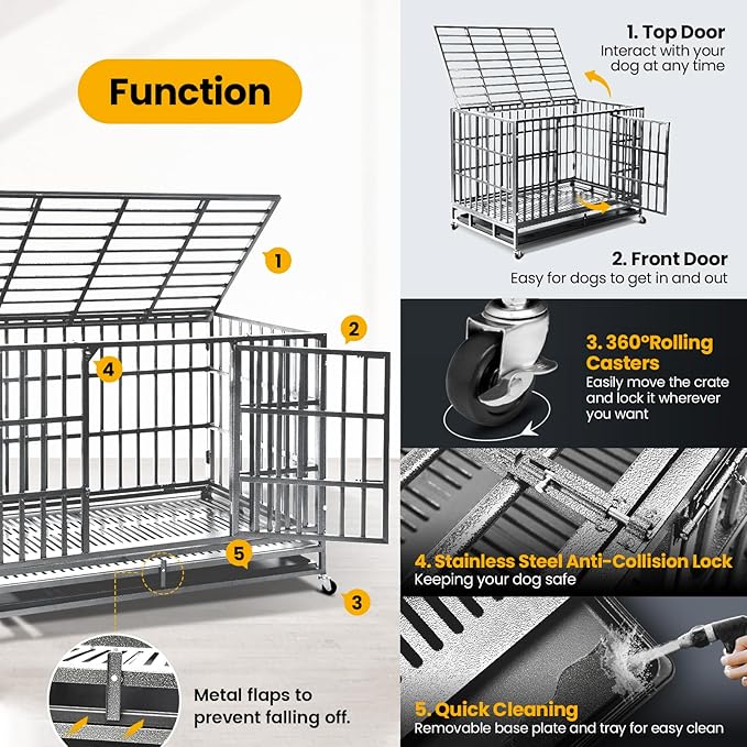 Oranland 48 inch Heavy Duty Indestructible Dog Crate,2025 New Upgraded Reinforced Baseplate for Large Dogs,XL Dog Crate for High Anxiety Dogs/Max Load Capacity 250lbs/Double Door with Wheels（Silver）