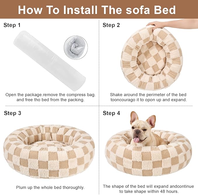 Dog Calming Beds for Small Medium Large Dogs - Round Donut Washable Puppy Dog Bed, Anti-Slip Faux Fur Fluffy Donut Cuddle Anxiety Cat Pet Bed (36" Grid)