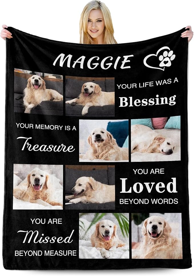 Custom Dog Blanket with Pictures, Customized Pet Memorial Gifts for Loss of Dogs, Personalized Memorial Gift of Cat Hamsters Rabbits, Pet Photo Blanket with Text, Pet Sympathy Gifts for Dogs