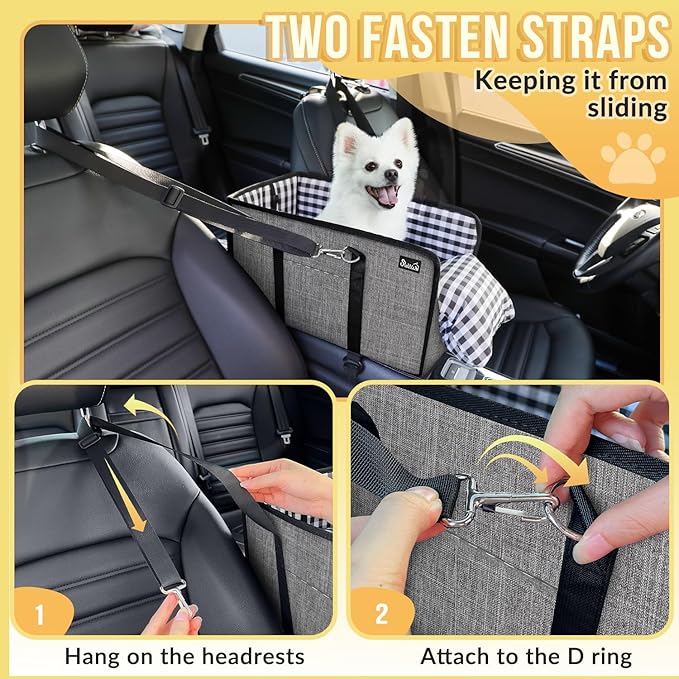SlowTon Console Dog Car Seat - Portable Dogs Armrest Booster Seat for Small Dog, Anti-Collapse Pet Car Seat with Soft Cushion Safety Belt, Support Pet Up to 11lbs (Grey)