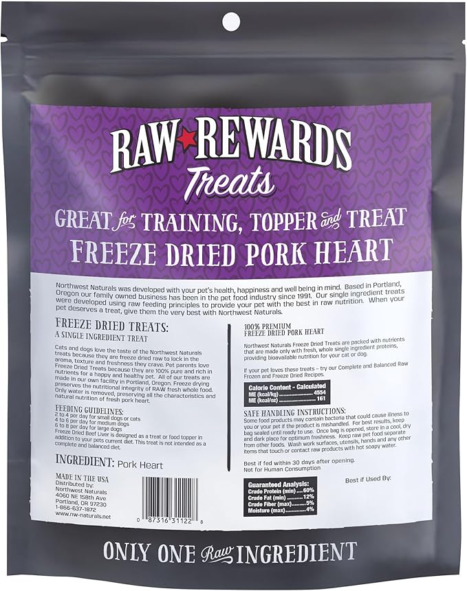 Northwest Naturals Raw Rewards Freeze-Dried Pork Heart Treats for Dogs and Cats - Bite-Sized Pieces - Healthy, 1 Ingredient, Human Grade Ingredients, All Natural, Made in USA, 10 Oz (Pack of 3)