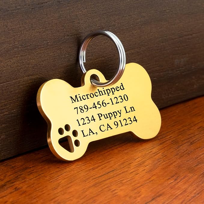 Ultra Joys Dog Tags Personalized for Pets - Hollow Paw Custom Pet ID Tag - Engraved Dog Tag for Small, Large Dogs - Small Bone in Gold