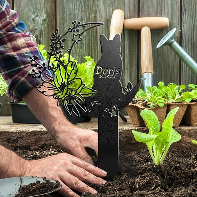 Custom Cat Grave Marker Cat Burial Stake, Personalized Butterfly Flowers Cat Memorial Garden Stake, Metal Cat Memorial Plaque for Outdoors, Customized Pet Headstone