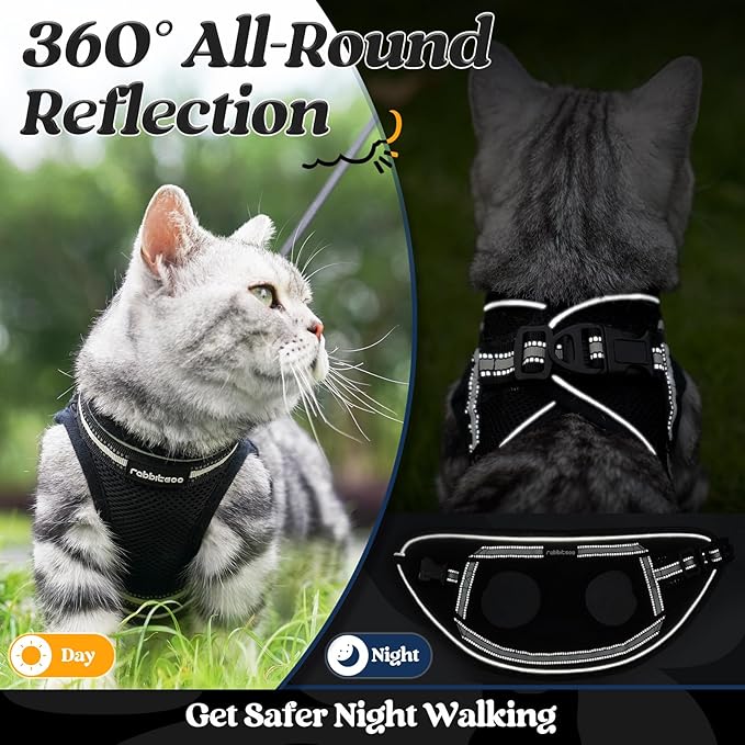 rabbitgoo Cat Harness and Leash Set for Walking Escape Proof, Adjustable Soft Kittens Vest with Reflective Strip for Cats, Comfortable Outdoor Vest, Black, XL